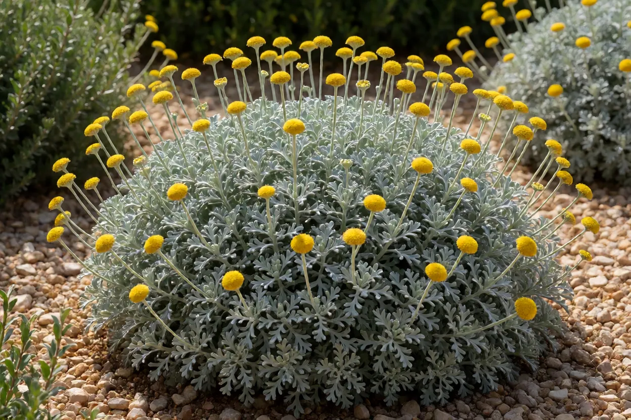 Santolina adulta com folhagem prateada e flores amarelas em pompom no jardim