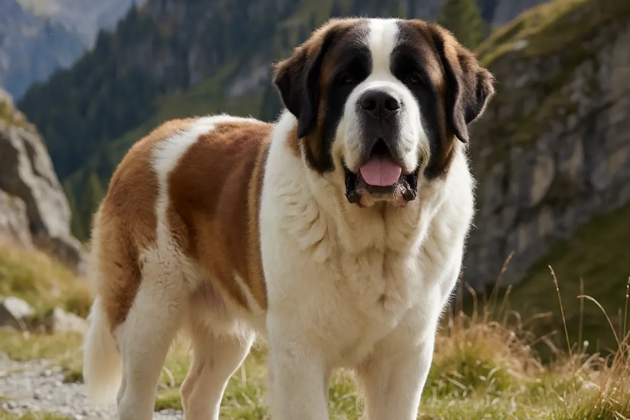 Cachorro S&atilde;o Bernardo adulto de grande porte em ambiente natural