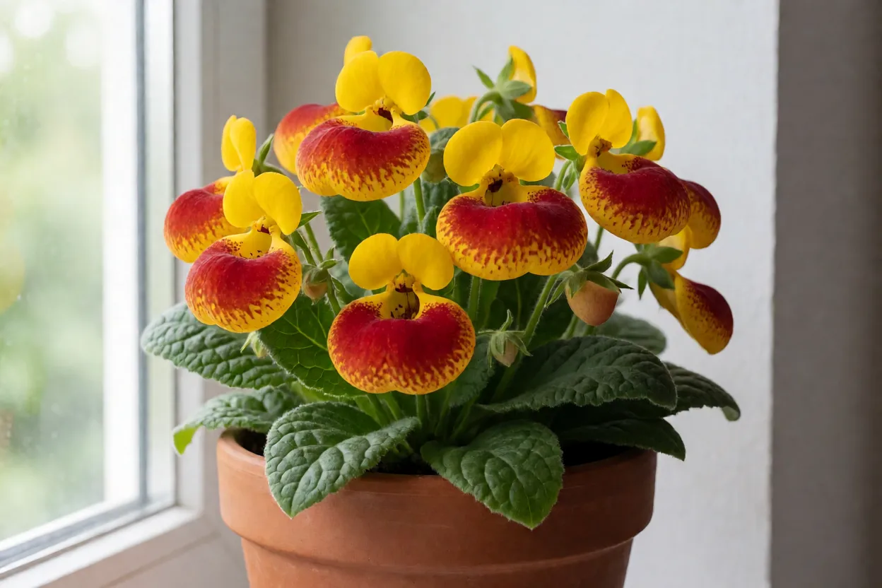 Sapatinho flor Calceolaria em vaso de barro com flores em forma de bolsinha amarela e vermelha