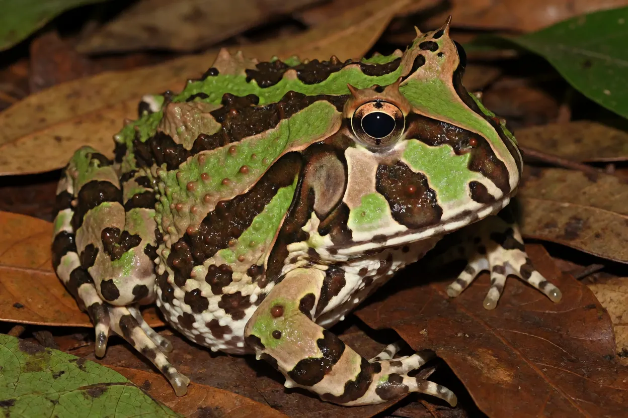 Sapo-de-chifre adulto camuflado na serrapilheira da floresta