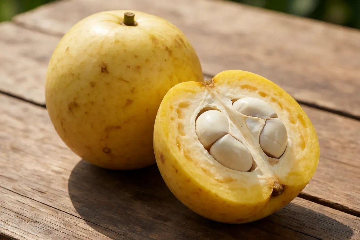 Sapota-branca Frutos de sapota-branca inteiros e cortado mostrando polpa cremosa e sementes