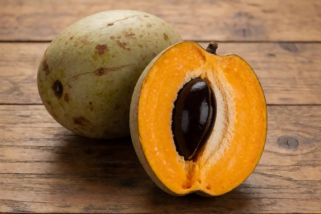 Sapote mamey inteiro e cortado ao meio mostrando polpa laranja e semente preta brilhante