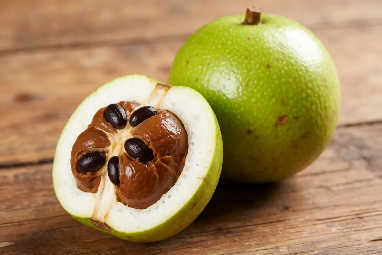 Sapoti inteiro e cortado ao meio mostrando polpa marrom-caramelo e sementes pretas