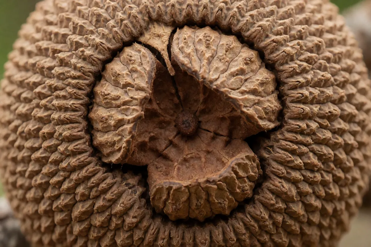 Close-up do fruto lenhoso da sapucaia-do-cerrado com tampa
