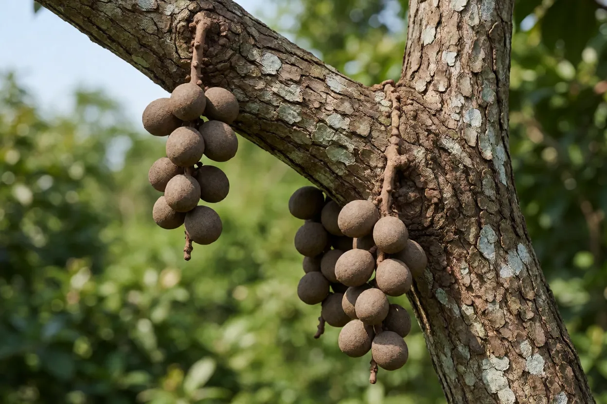 Árvore de sapucaia-mirim com frutos em forma de cumbuca na Mata Atlântica
