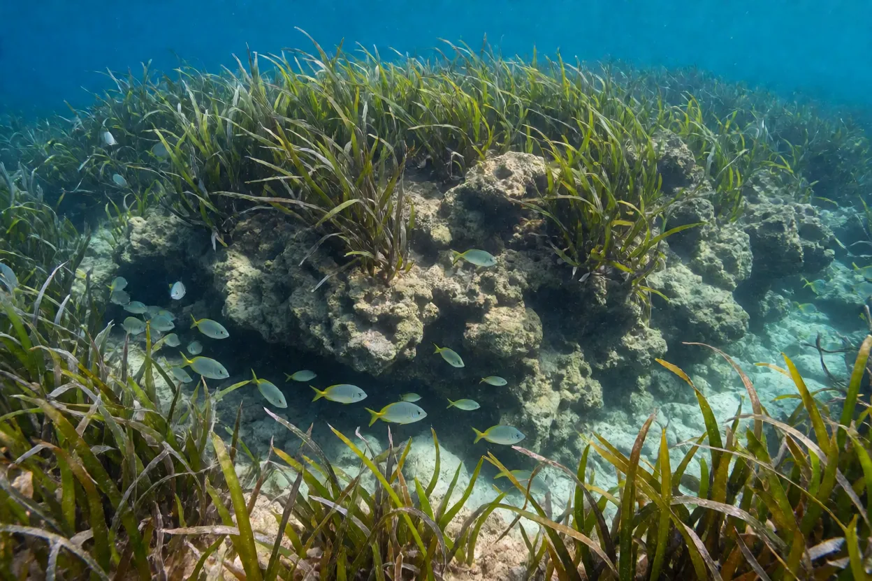 Habitat natural do sargo com costão e prado de Posidonia