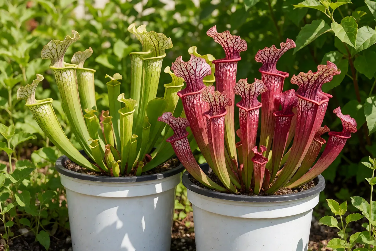 Sarracenia adulta em vasos com jarros coloridos sob sol pleno