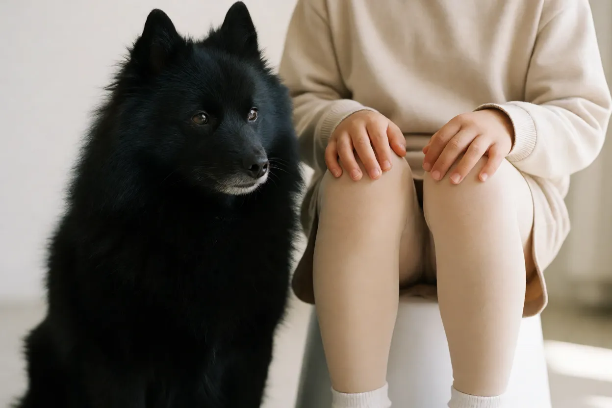 Schipperke: origem, personalidade, características e cuidados Schipperke interagindo com criança sob supervisão