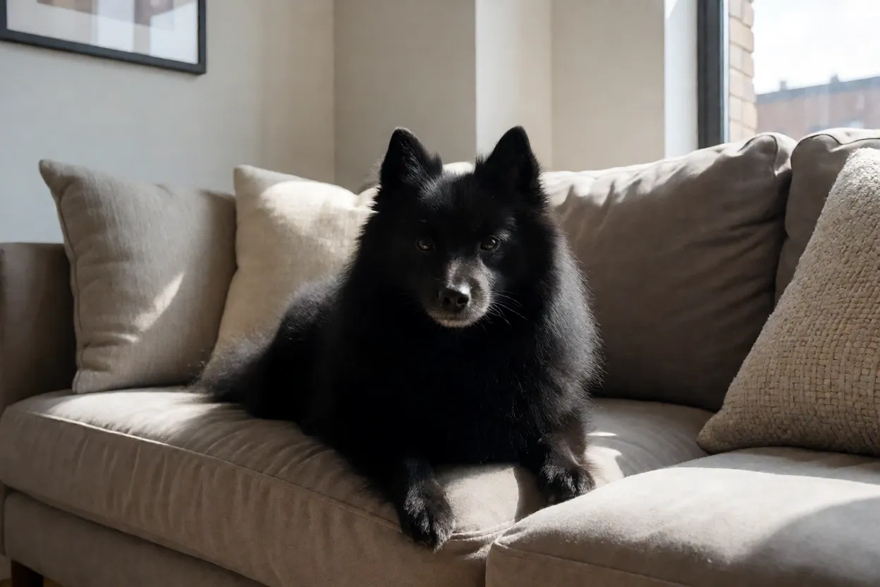 Schipperke: origem, personalidade, características e cuidados Schipperke descansando em apartamento moderno