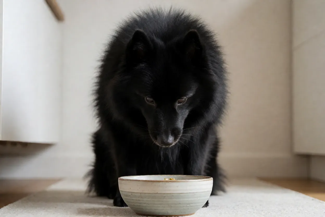 Schipperke: origem, personalidade, características e cuidados Schipperke comendo ração em comedouro