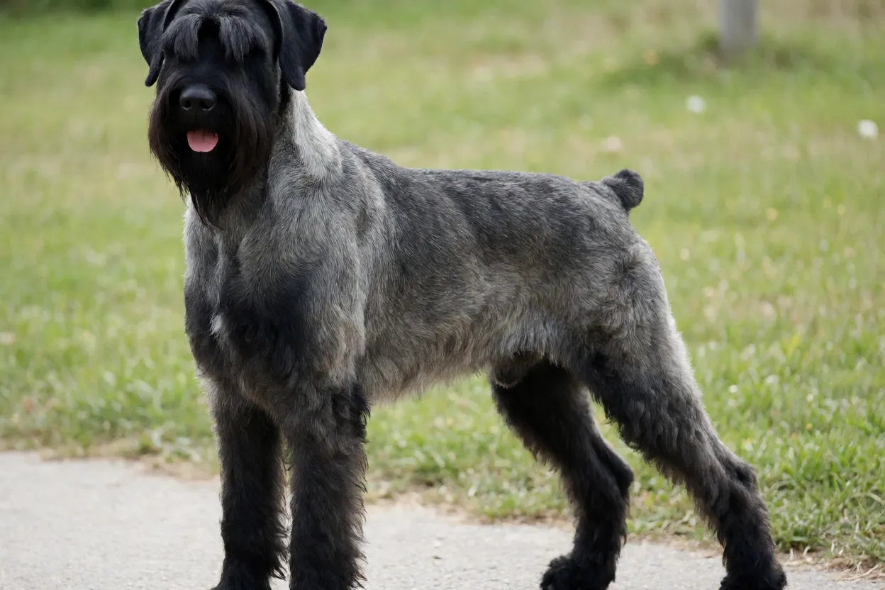 Schnauzer Gigante adulto de corpo inteiro em pé ao ar livre com pelagem preta