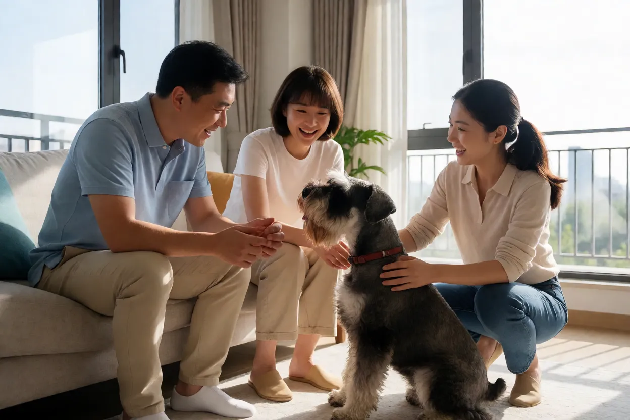Fam&iacute;lia escolhendo entre portes de Schnauzer em ambiente dom&eacute;stico