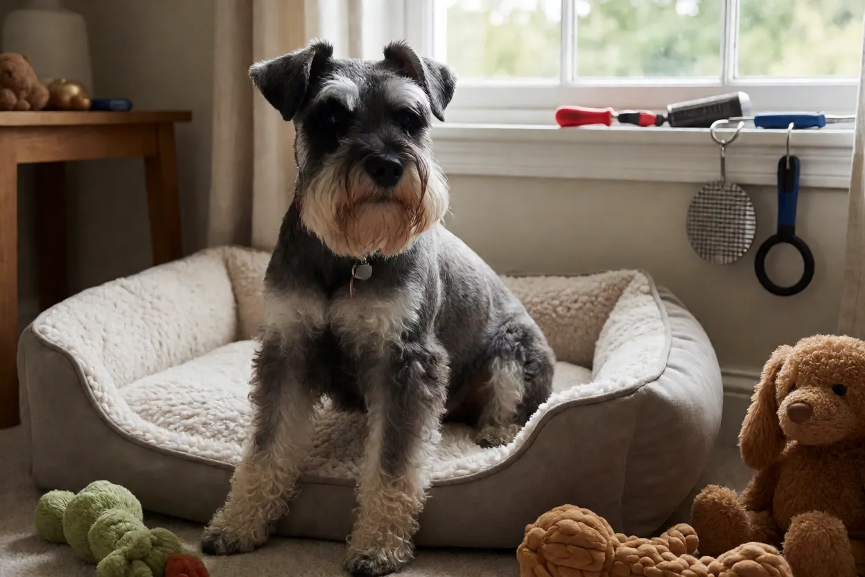 Ambiente dom&eacute;stico preparado para um Schnauzer com brinquedos e &aacute;rea de descanso
