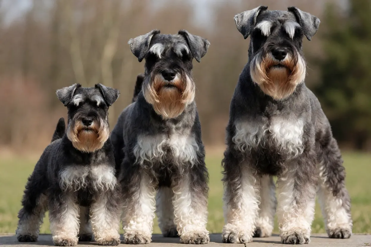 Compara&ccedil;&atilde;o visual dos tr&ecirc;s portes de Schnauzer lado a lado