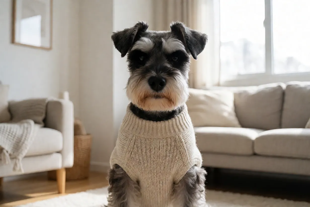 Schnauzer alerta e atento olhando para a c&acirc;mera