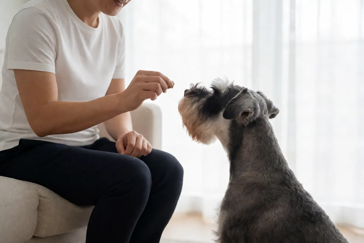 Schnauzer em sess&atilde;o de treinamento com refor&ccedil;o positivo