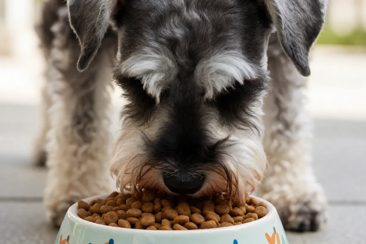 Schnauzer comendo ra&ccedil;&atilde;o em tigela adequada