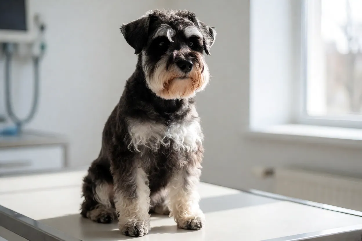 Schnauzer em consulta veterin&aacute;ria de rotina