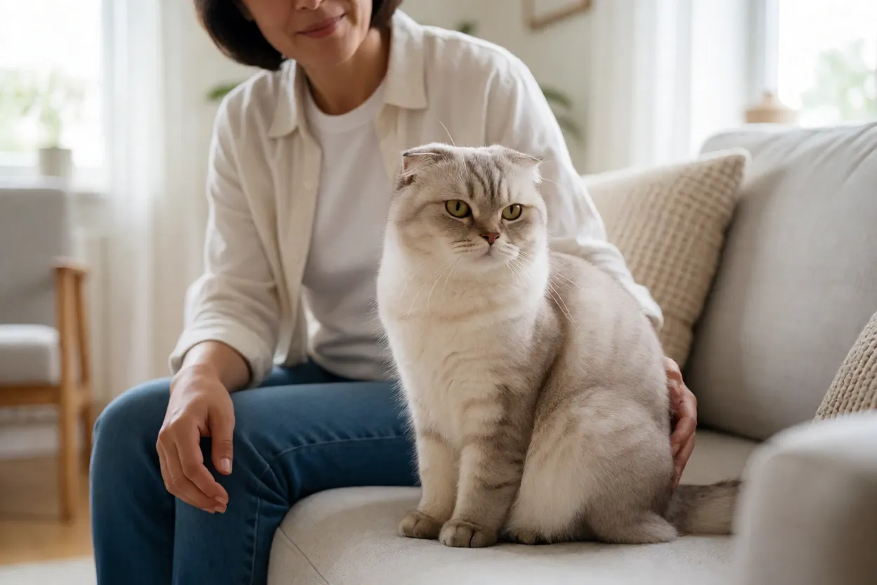Scottish Fold relaxado ao lado do tutor em casa