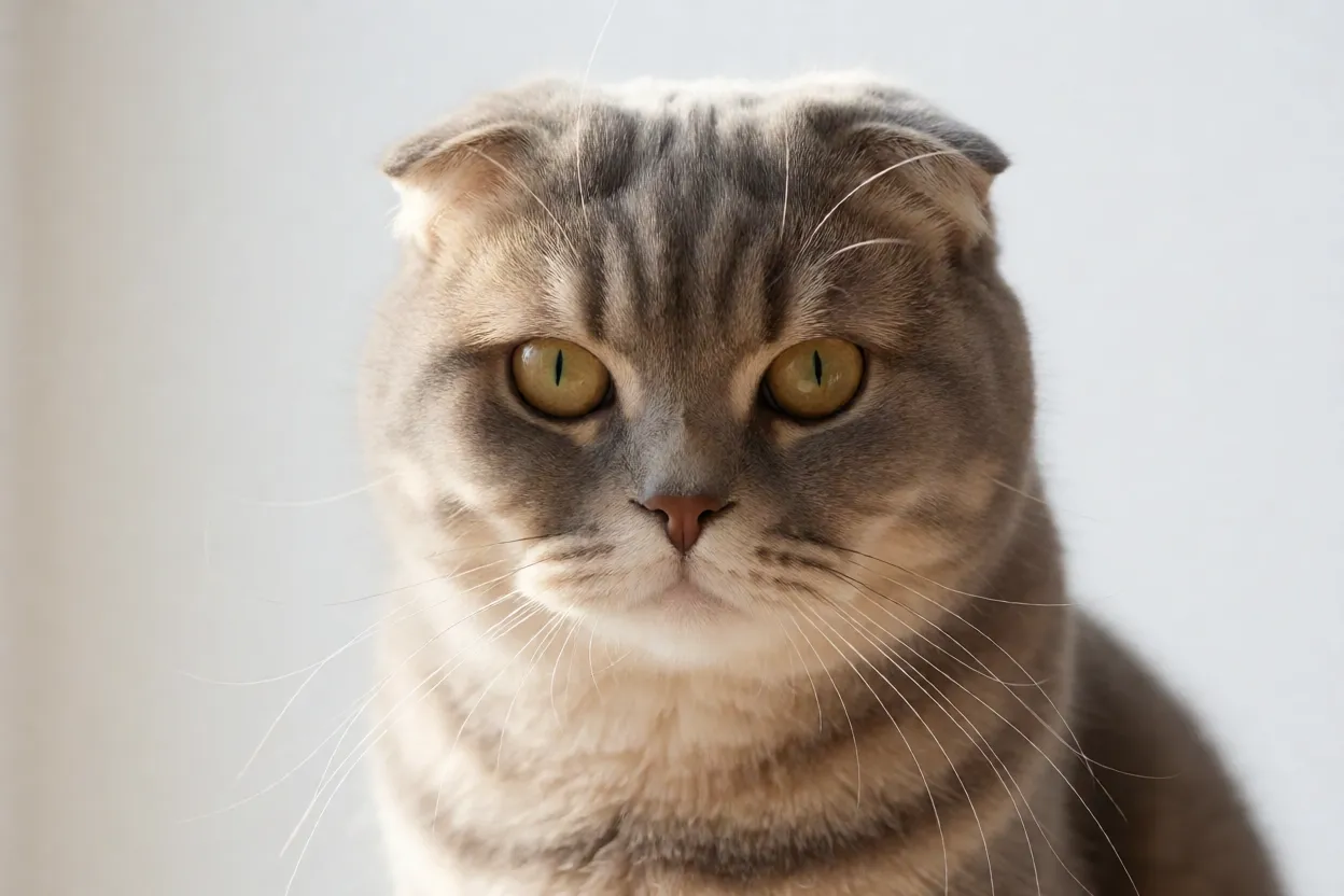 Detalhe das orelhas dobradas de um Scottish Fold