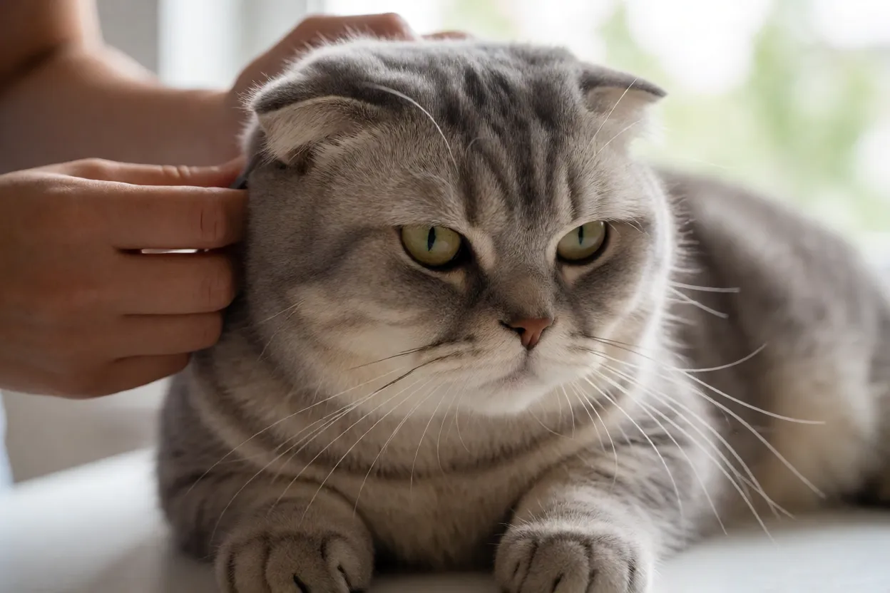 Tutor fazendo cuidados b&aacute;sicos de higiene em um Scottish Fold