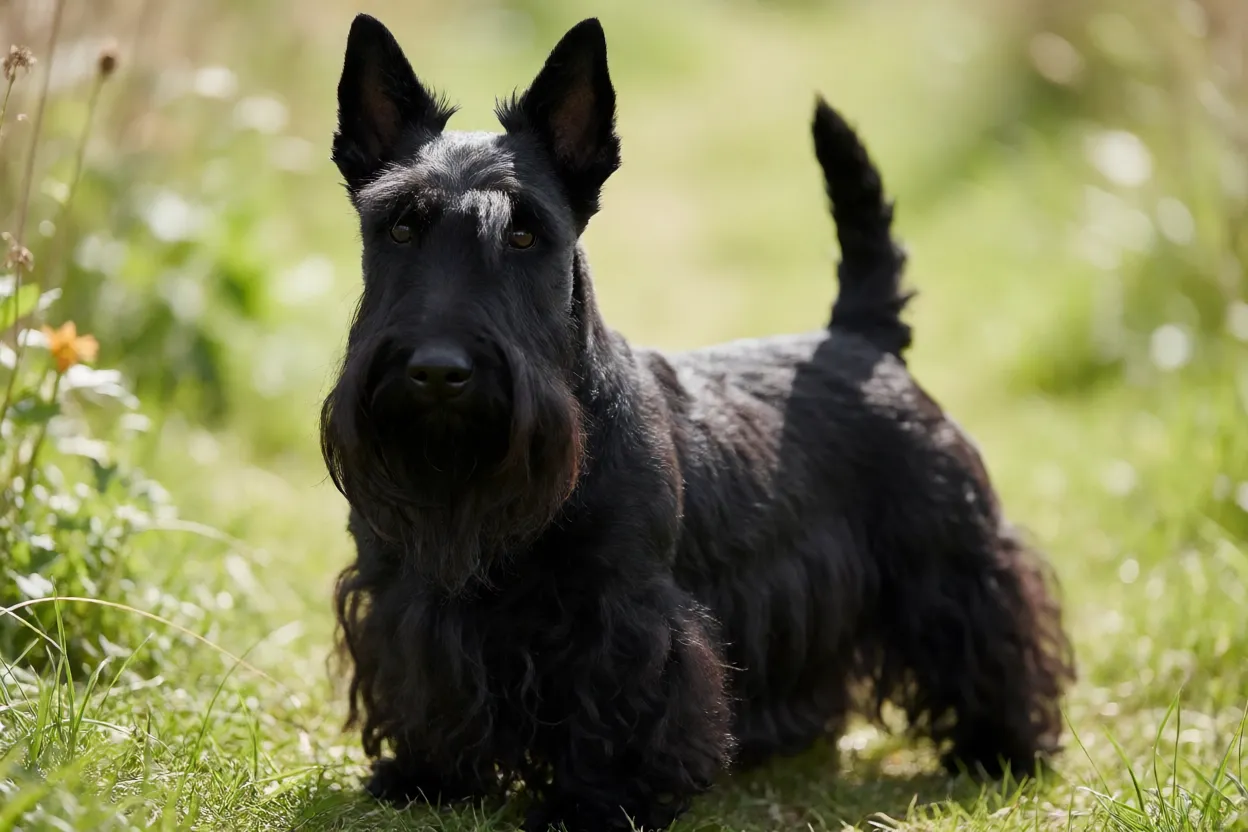 Scottish Terrier preto em p&eacute; mostrando a silhueta cl&aacute;ssica da ra&ccedil;a