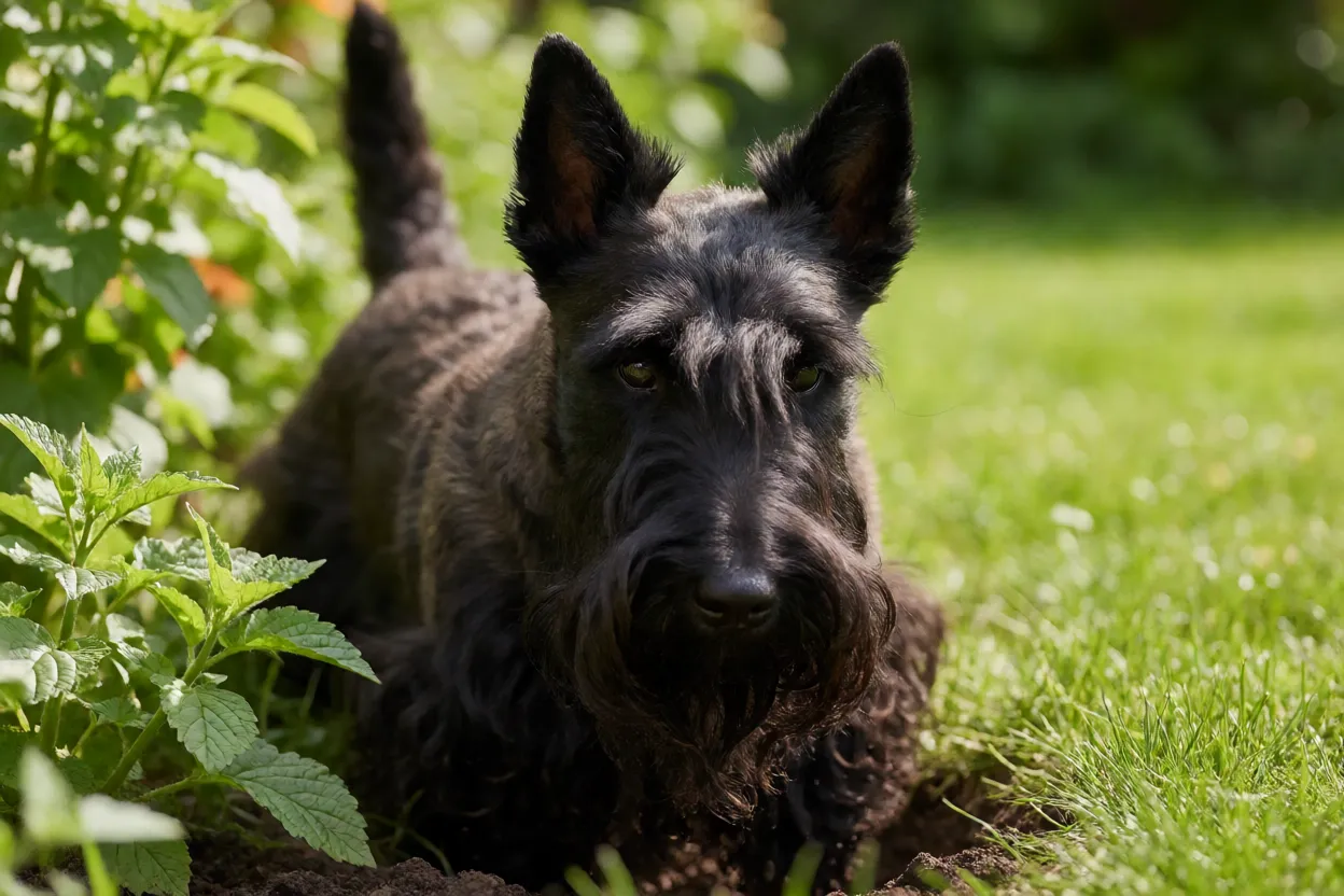 Scottish Terrier cavando no jardim
