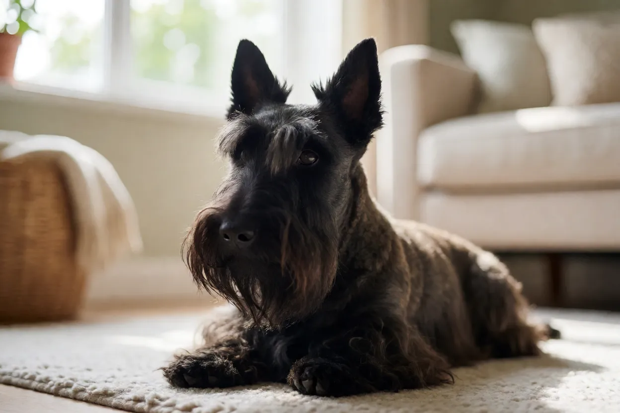 Scottish Terrier descansando em casa ap&oacute;s o passeio