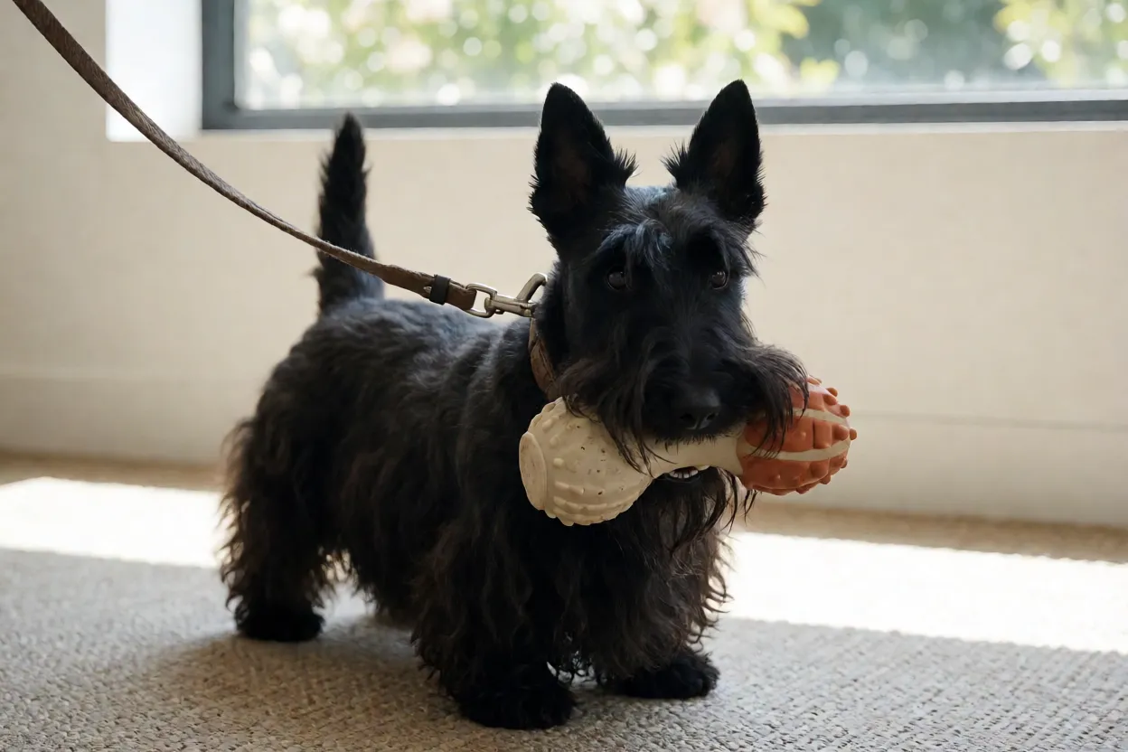 Scottish Terrier com brinquedos e acess&oacute;rios