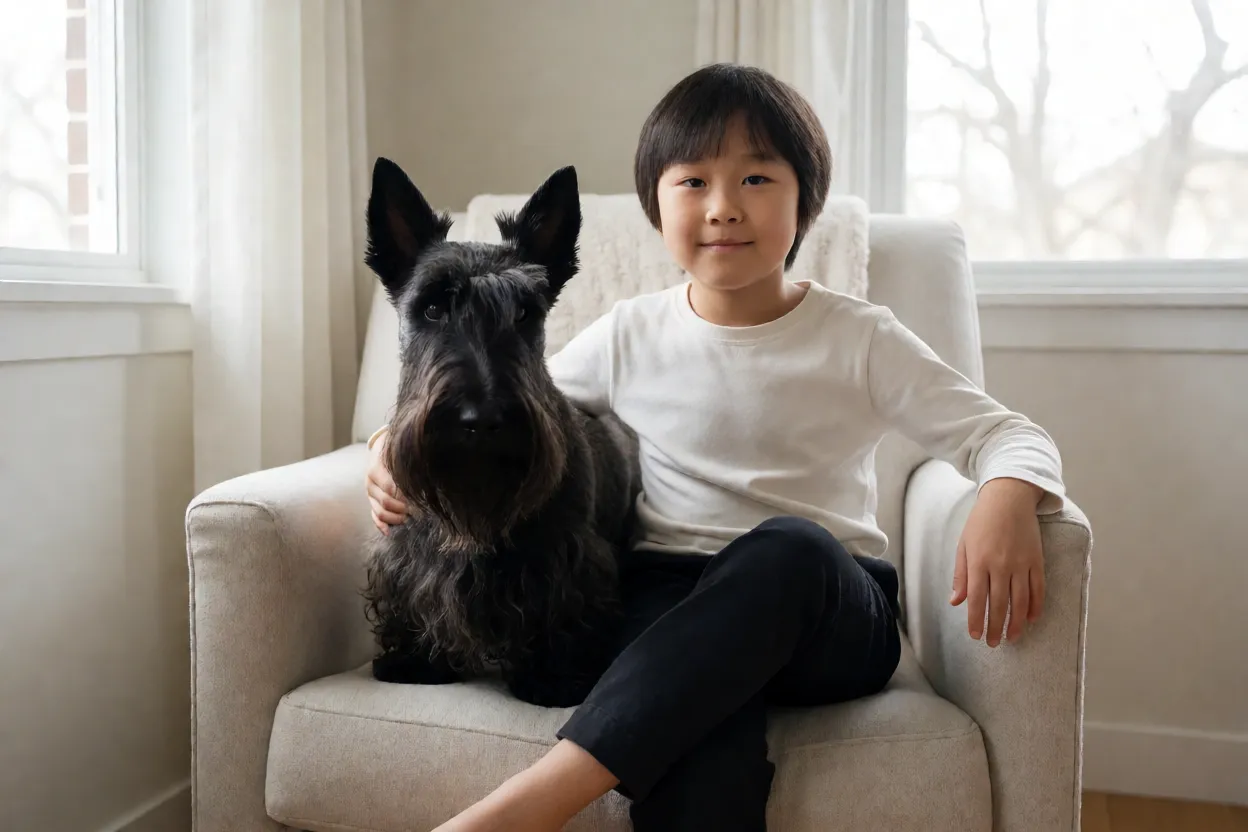 Scottish Terrier ao lado de uma crian&ccedil;a mais velha em ambiente dom&eacute;stico