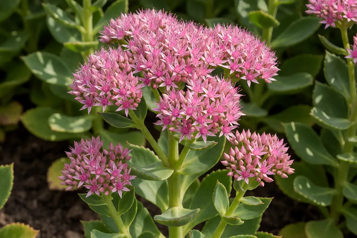 Sedum spectabile em floração com flores rosadas em forma de estrela