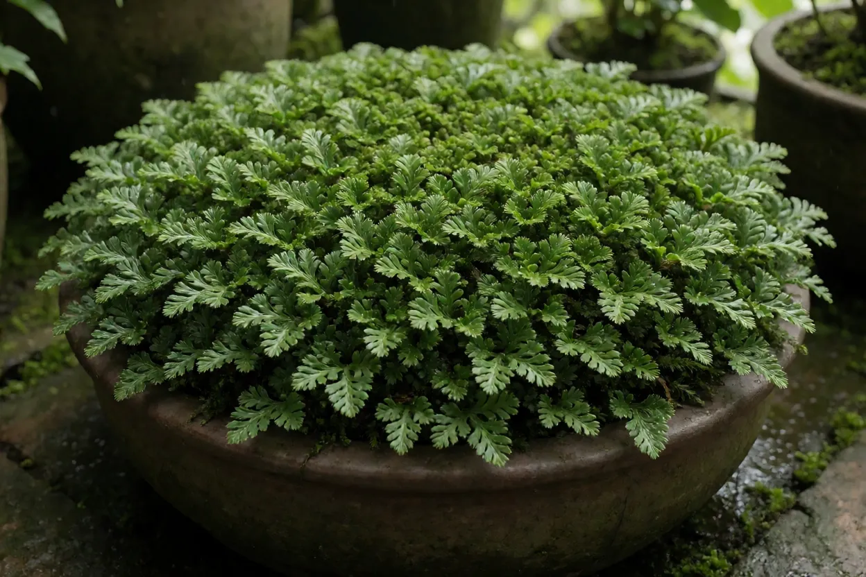 Selaginela kraussiana adulta formando tapete verde denso em vaso baixo e largo
