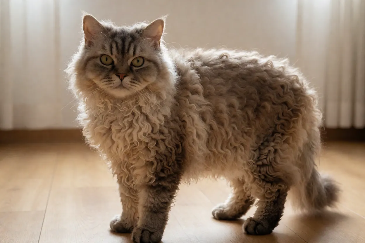Gato Selkirk Rex adulto de corpo inteiro com pelagem cacheada e felpuda