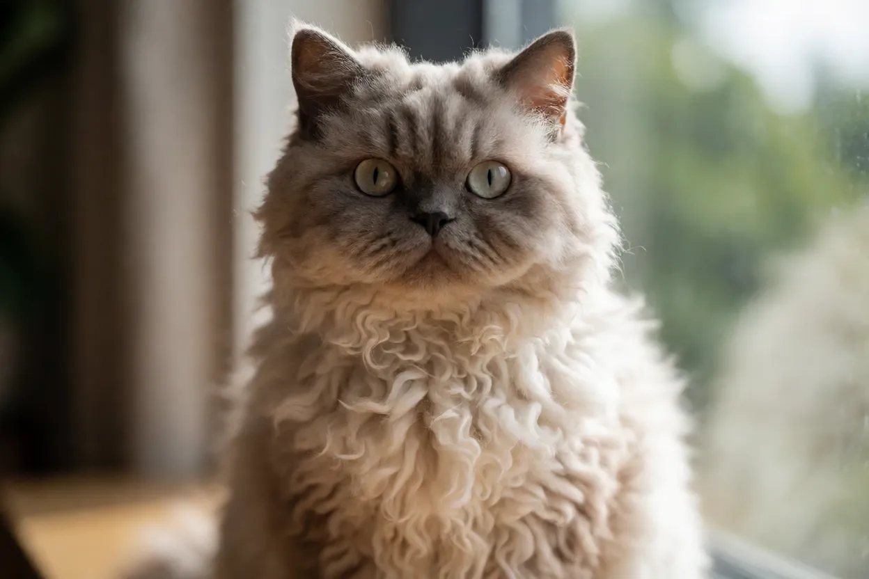 Selkirk Rex adulto com pelagem encaracolada densa e express&atilde;o doce