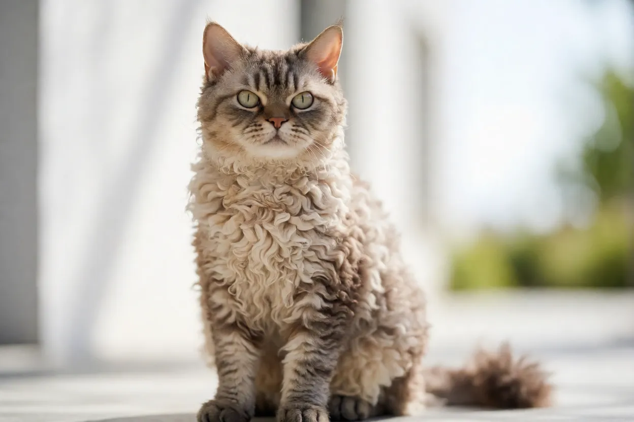 Selkirk Rex adulto saud&aacute;vel em postura alerta
