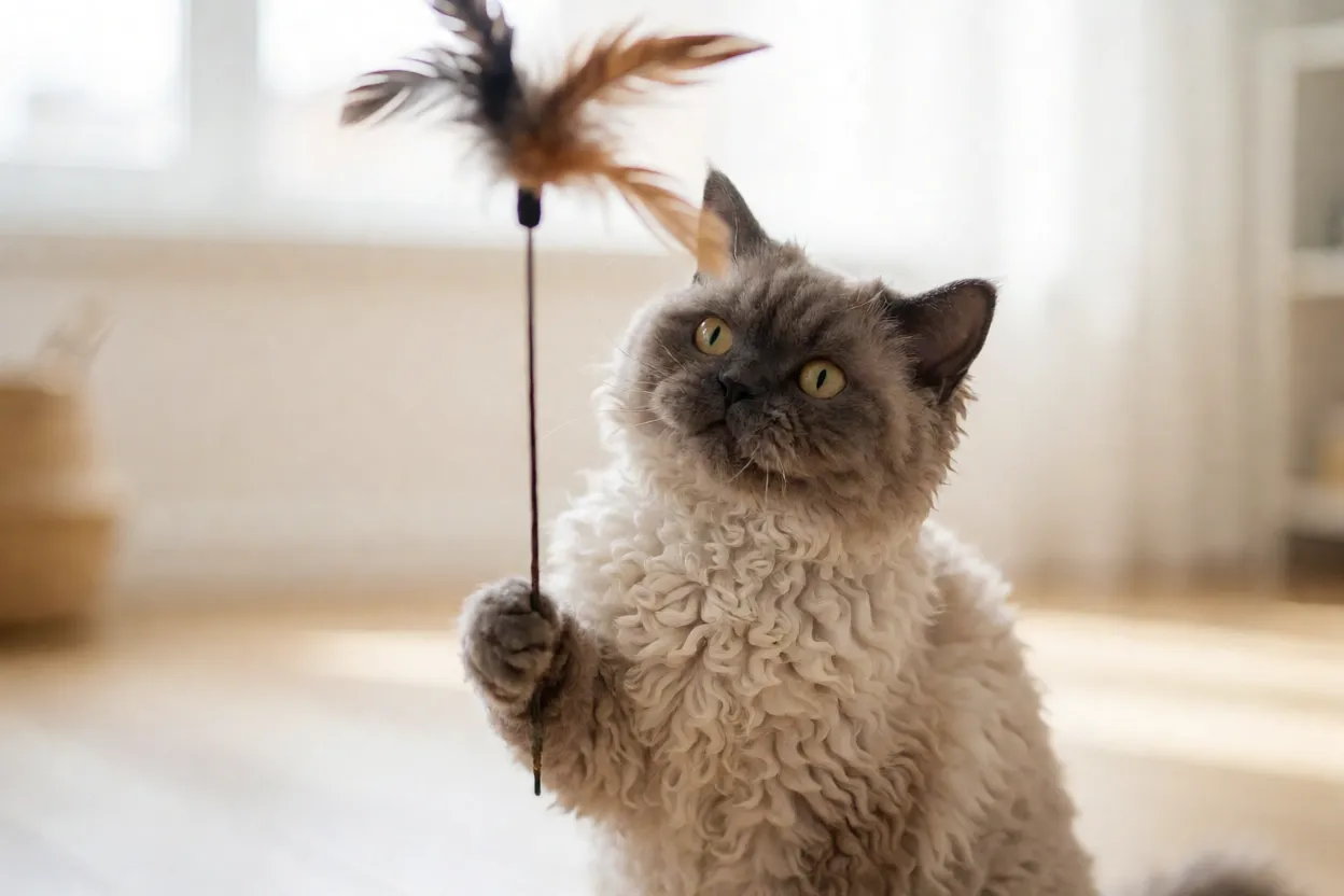 Selkirk Rex brincando com varinha de penas