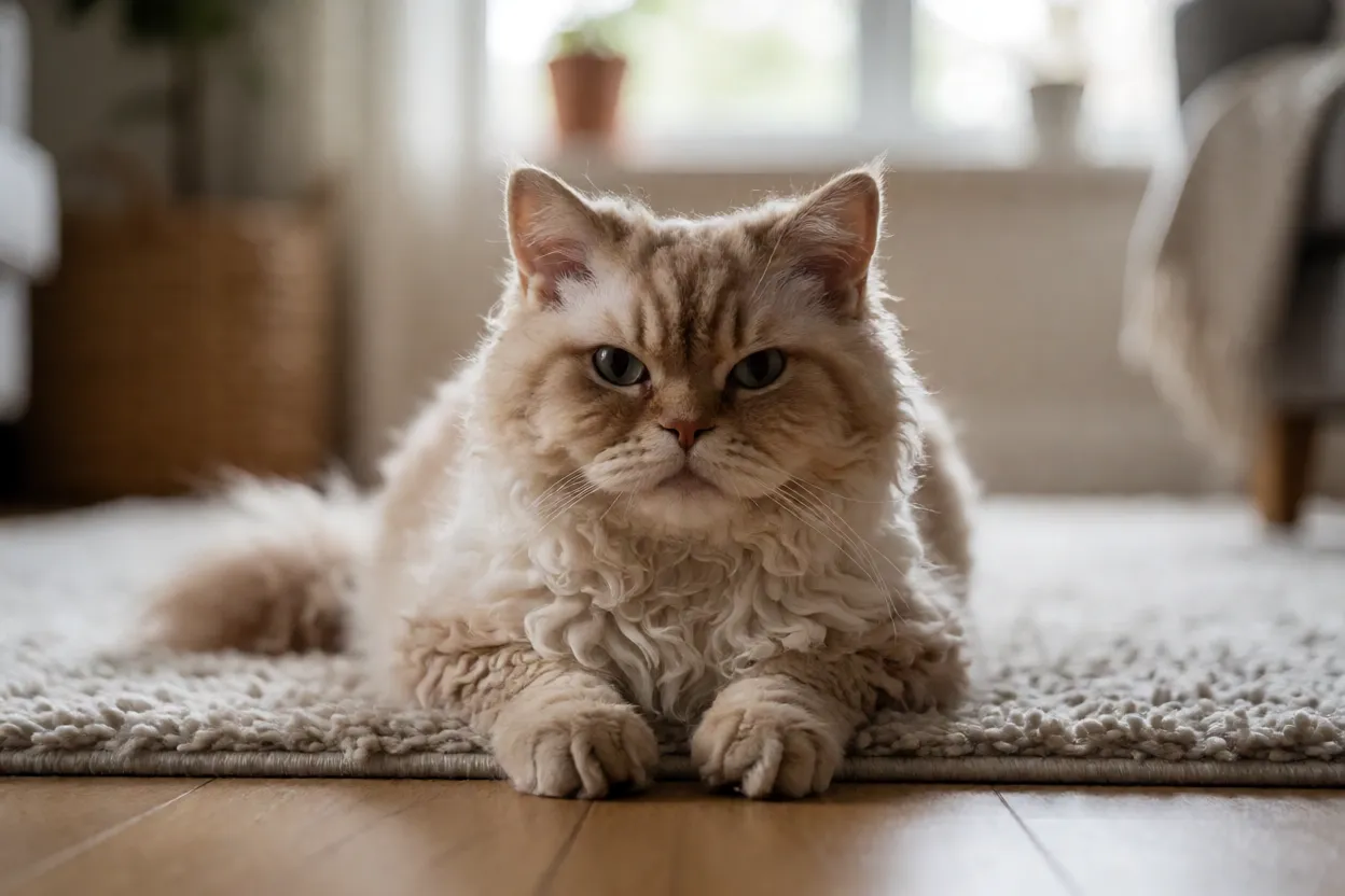 Selkirk Rex adulto em ambiente dom&eacute;stico calmo