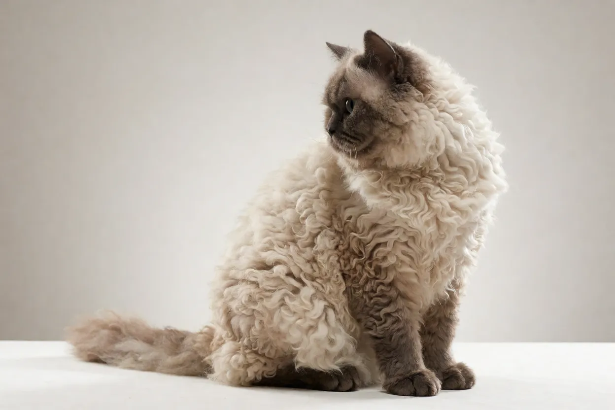 Selkirk Rex adulto de perfil mostrando a silhueta robusta