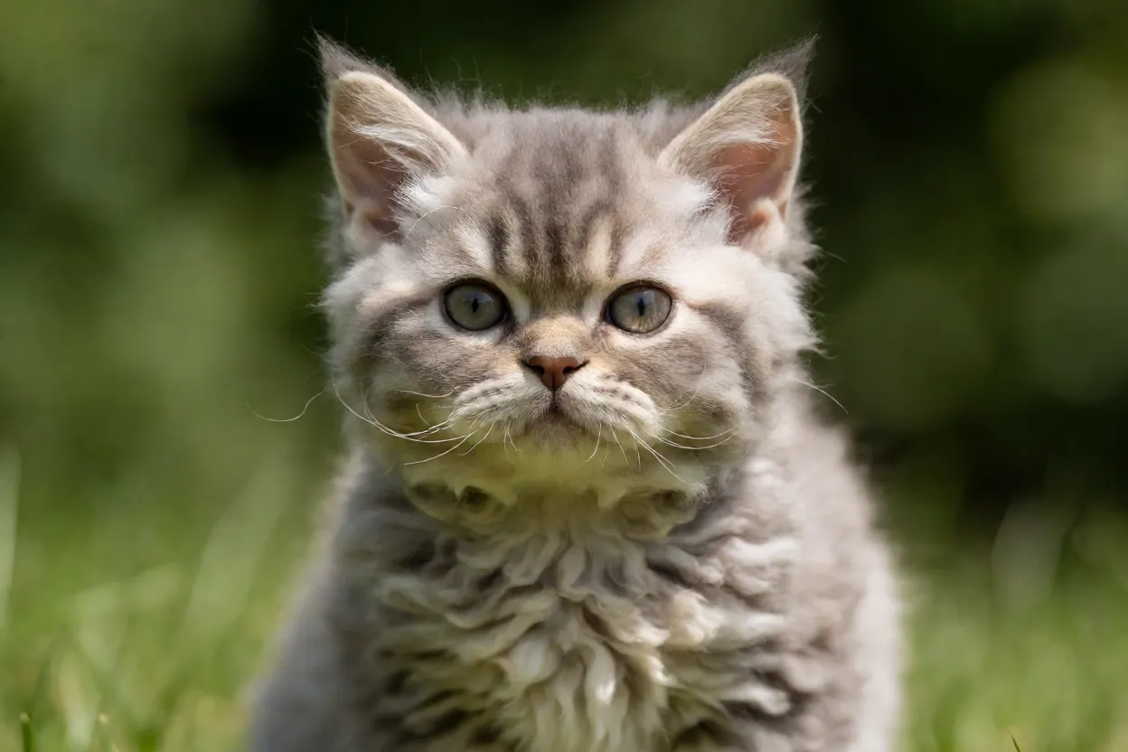 Filhote de Selkirk Rex com bigodes encaracolados e corpo arredondado