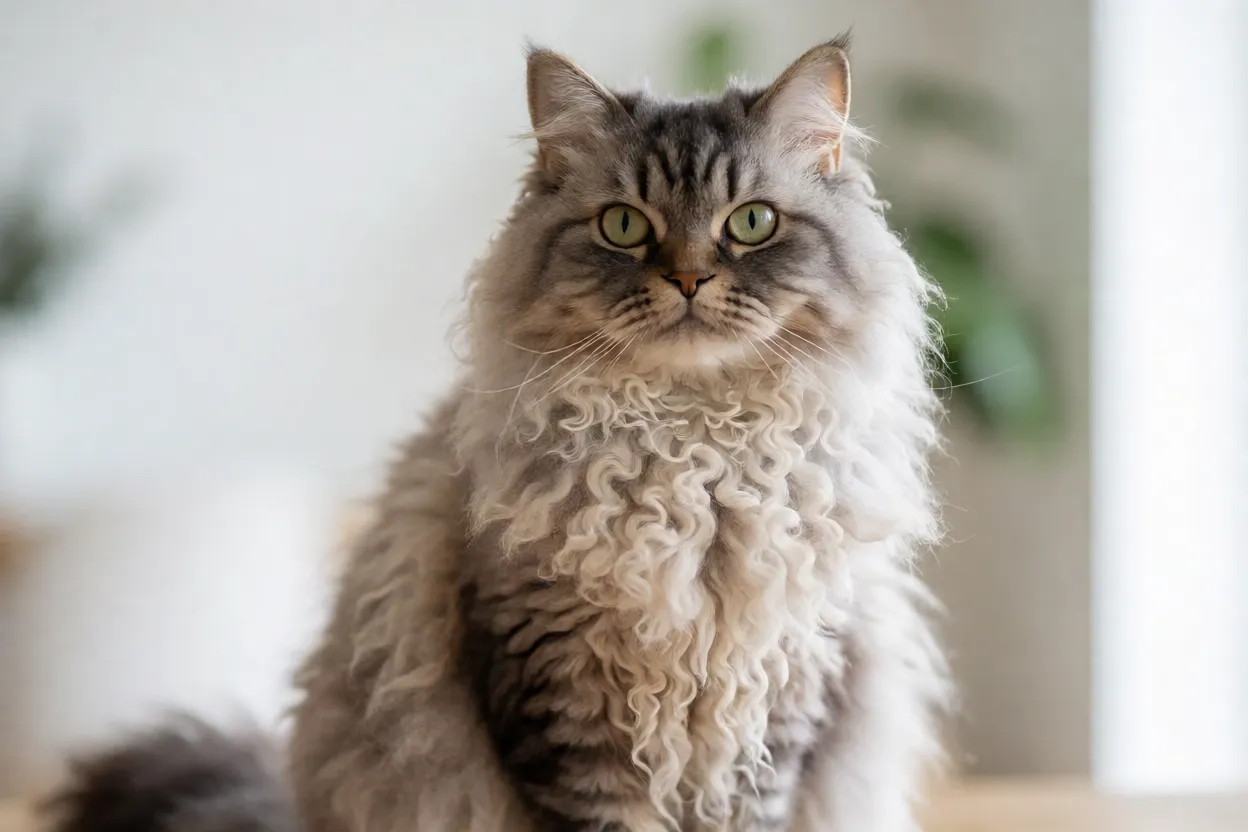 Selkirk Rex de pelo longo com cachos evidentes no pesco&ccedil;o e cauda