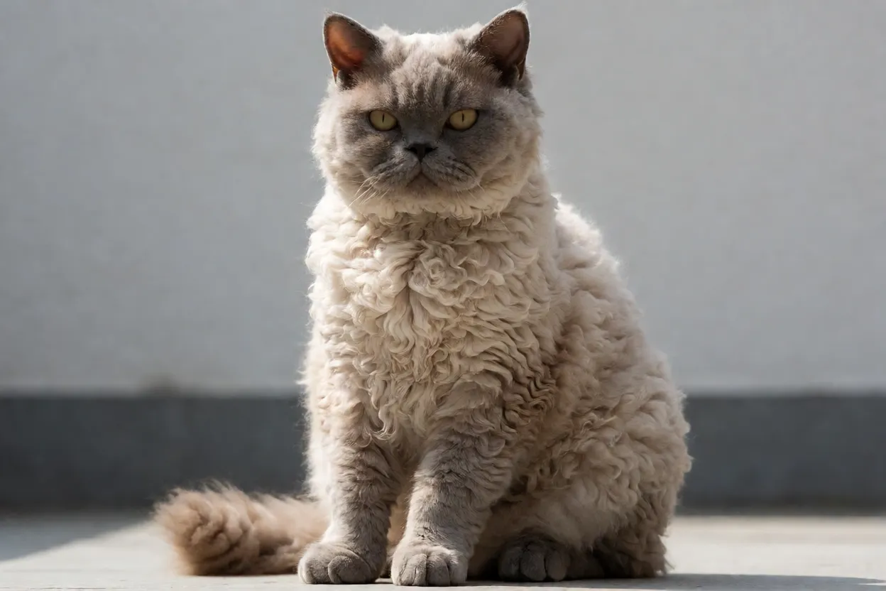 Selkirk Rex de pelo curto com textura plush e corpo robusto