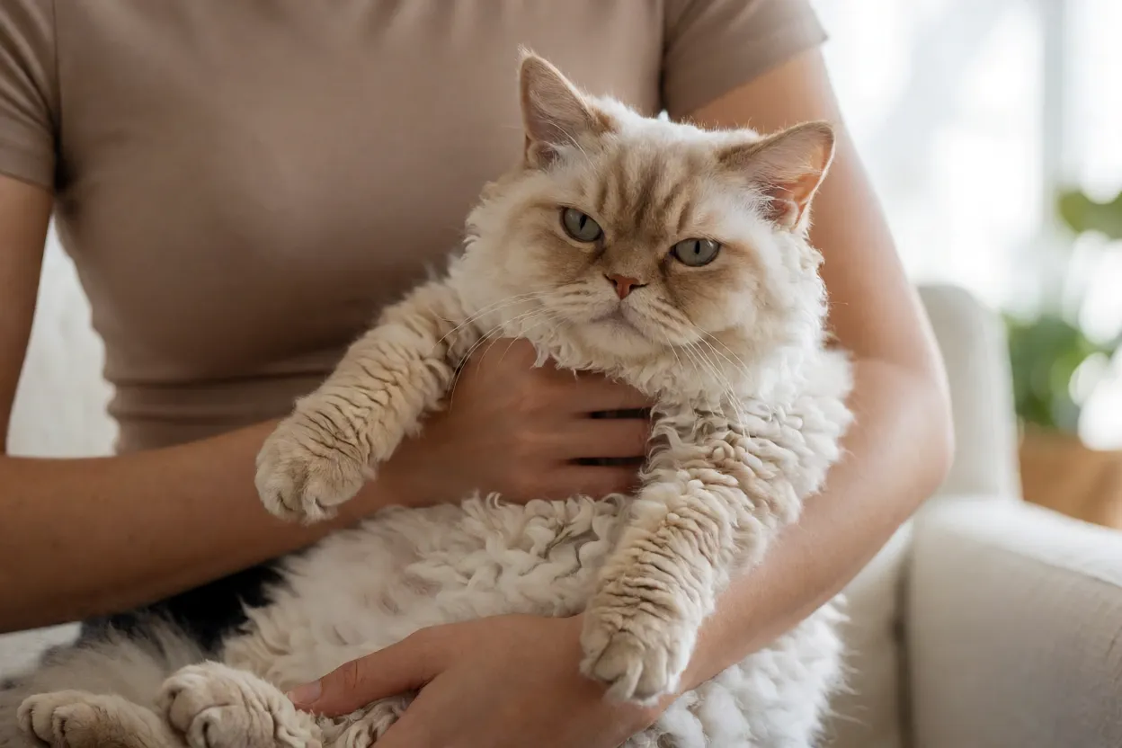 Selkirk Rex relaxado em colo de pessoa mostrando temperamento d&oacute;cil
