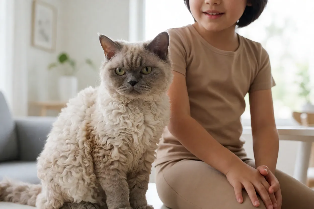 Selkirk Rex interagindo calmamente com crian&ccedil;a