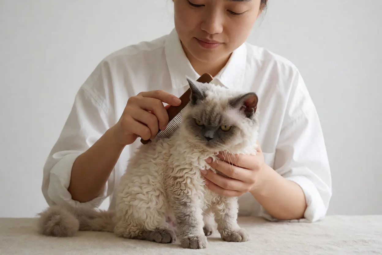 Pessoa penteando suavemente um Selkirk Rex com pente de dentes largos