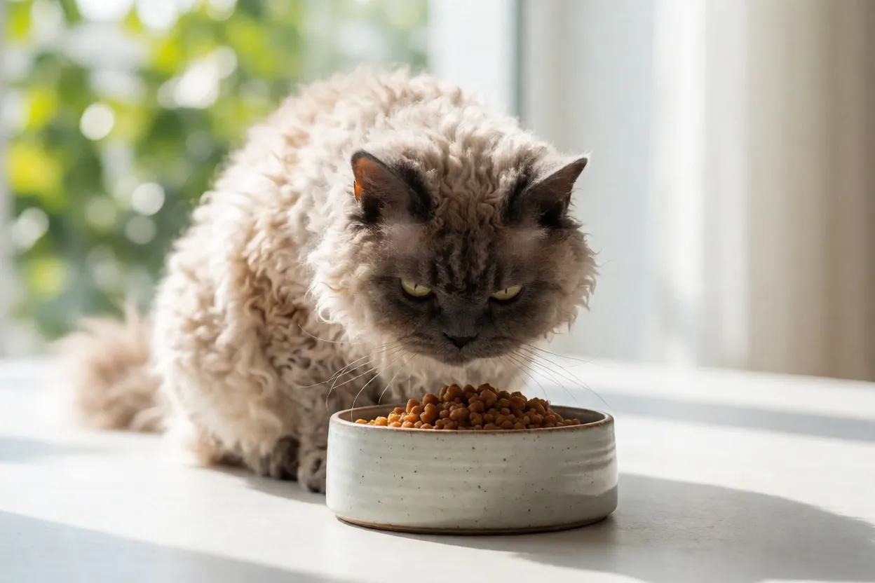 Selkirk Rex adulto comendo ra&ccedil;&atilde;o de boa qualidade