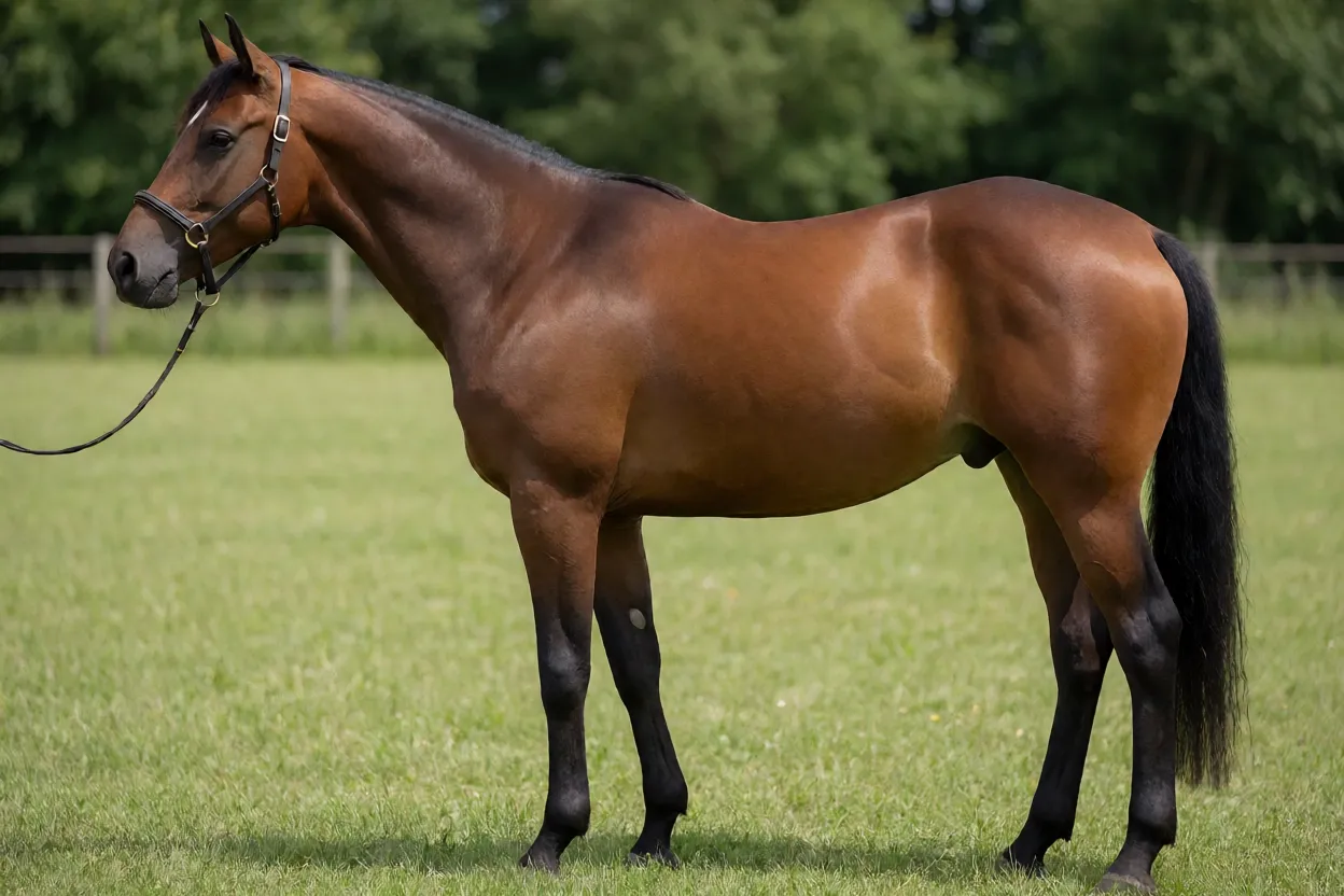 Cavalo Sella Italiano adulto de pelagem baia em vista lateral na pastagem