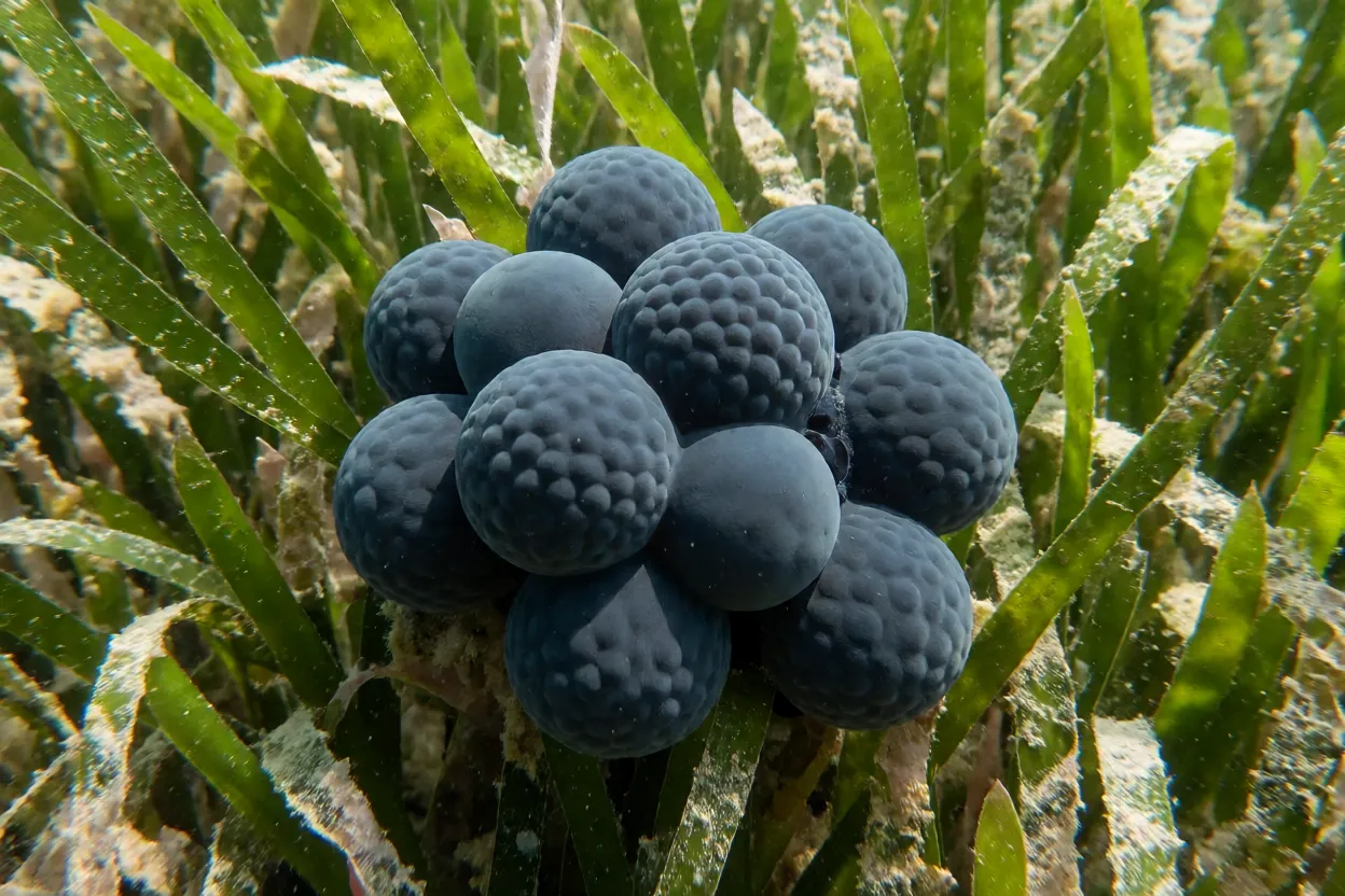 Ovos pretos de sépia-comum, as uvas-do-mar, fixados em ervas marinhas