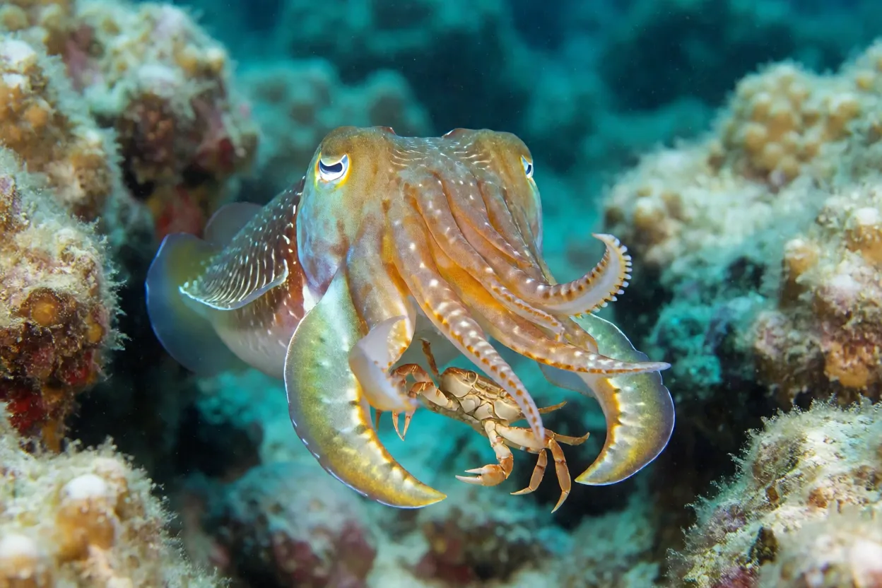 Sépia-flamboyant caçando caranguejo com tentáculos estendidos