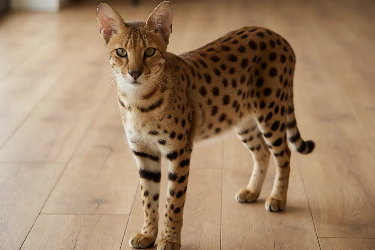 Gato Serengeti adulto de corpo inteiro em pé mostrando pernas longas e pelagem manchada dourada