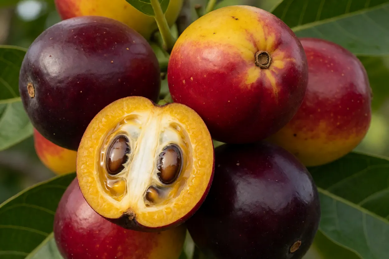 Seriguelas maduras de cores variadas sobre uma superf&iacute;cie de madeira